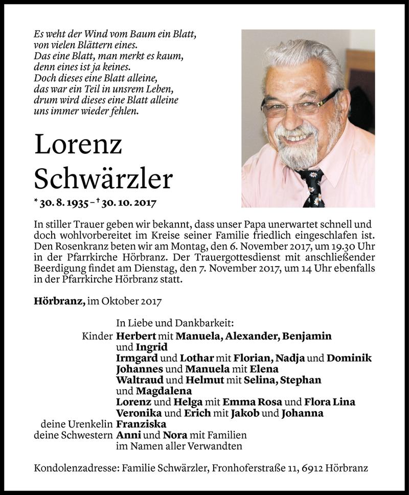  Todesanzeige für Lorenz Schwärzler vom 03.11.2017 aus Vorarlberger Nachrichten