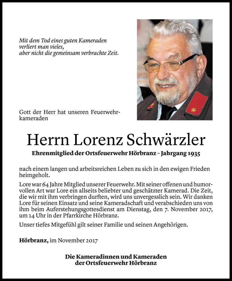  Todesanzeige für Lorenz Schwärzler vom 03.11.2017 aus Vorarlberger Nachrichten