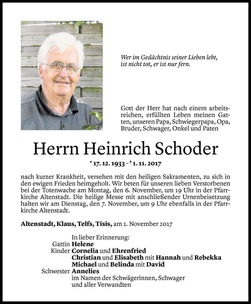  Todesanzeige für Heinrich Schoder vom 03.11.2017 aus Vorarlberger Nachrichten