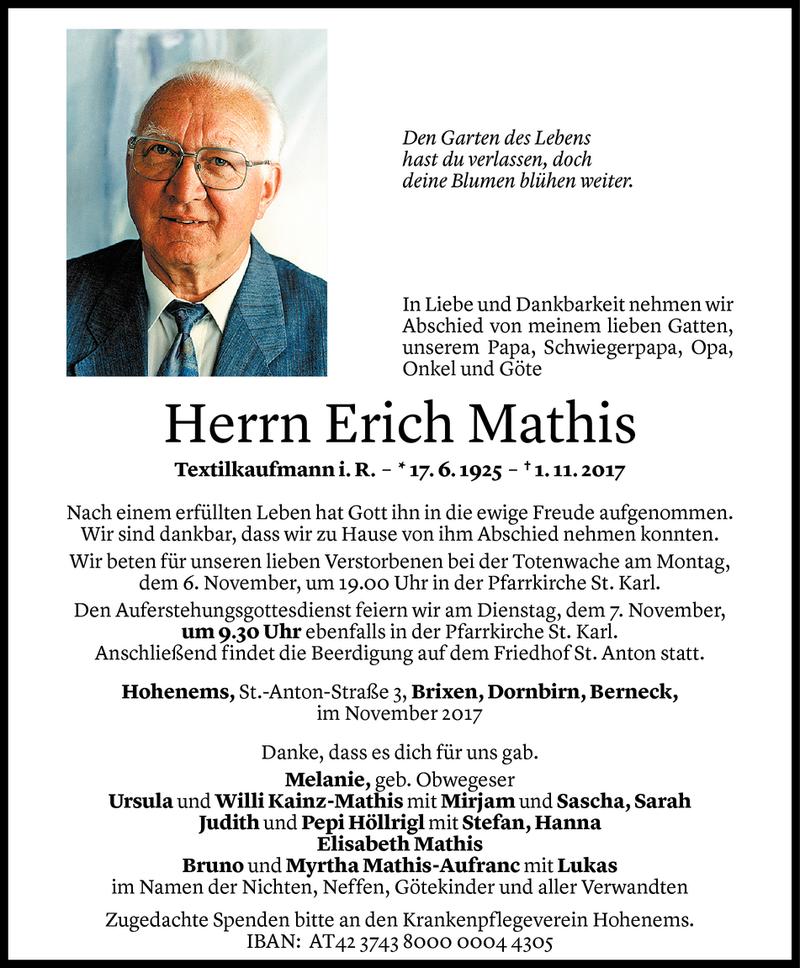  Todesanzeige für Erich Mathis vom 04.11.2017 aus Vorarlberger Nachrichten