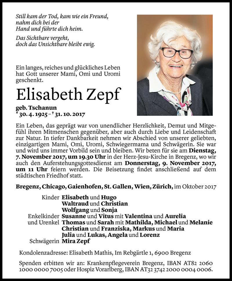  Todesanzeige für Elisabeth Zepf vom 03.11.2017 aus Vorarlberger Nachrichten