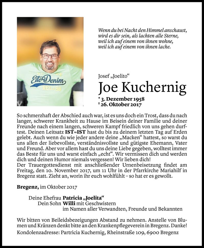  Todesanzeige für Joe Kuchernig vom 03.11.2017 aus Vorarlberger Nachrichten