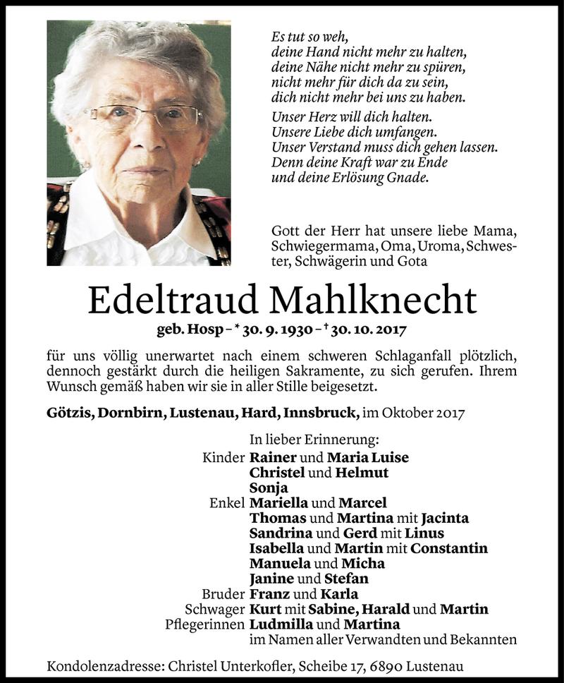  Todesanzeige für Edeltraud Mahlknecht vom 06.11.2017 aus Vorarlberger Nachrichten