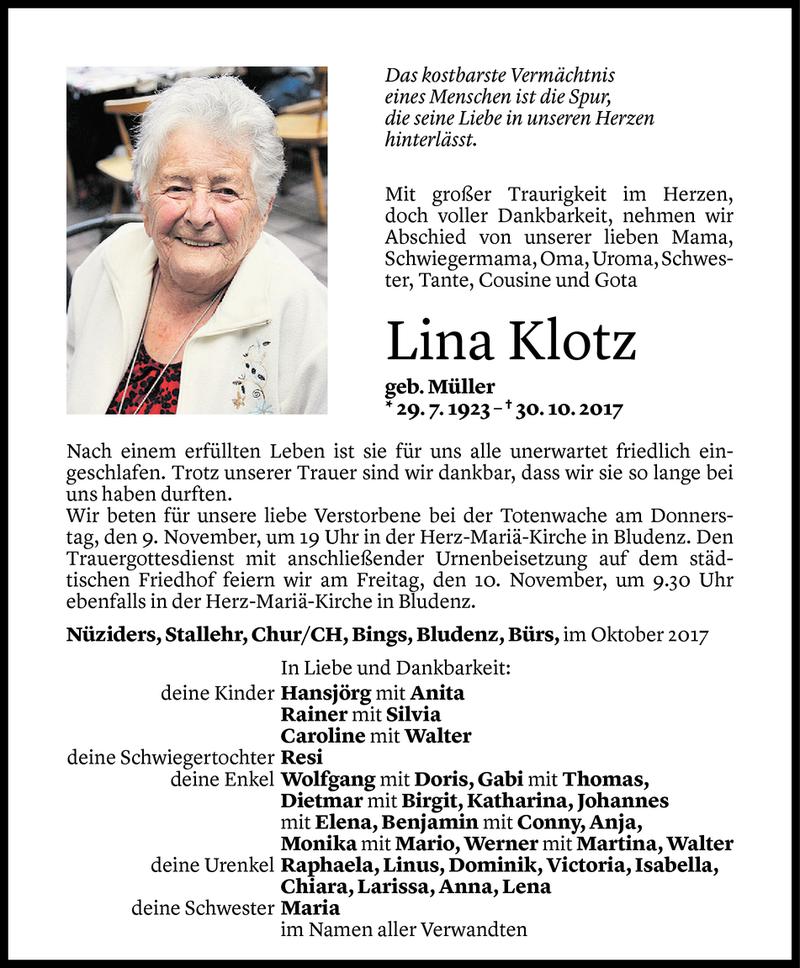  Todesanzeige für Lina Klotz vom 06.11.2017 aus Vorarlberger Nachrichten