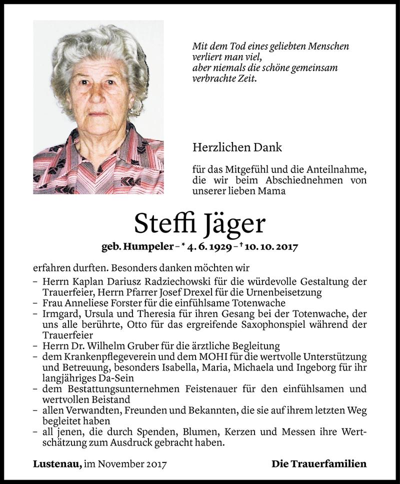 Todesanzeigen von Steffi Jäger | Todesanzeigen Vorarlberger Nachrichten