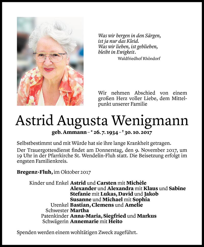  Todesanzeige für Astrid Augusta Wenigmann vom 06.11.2017 aus Vorarlberger Nachrichten