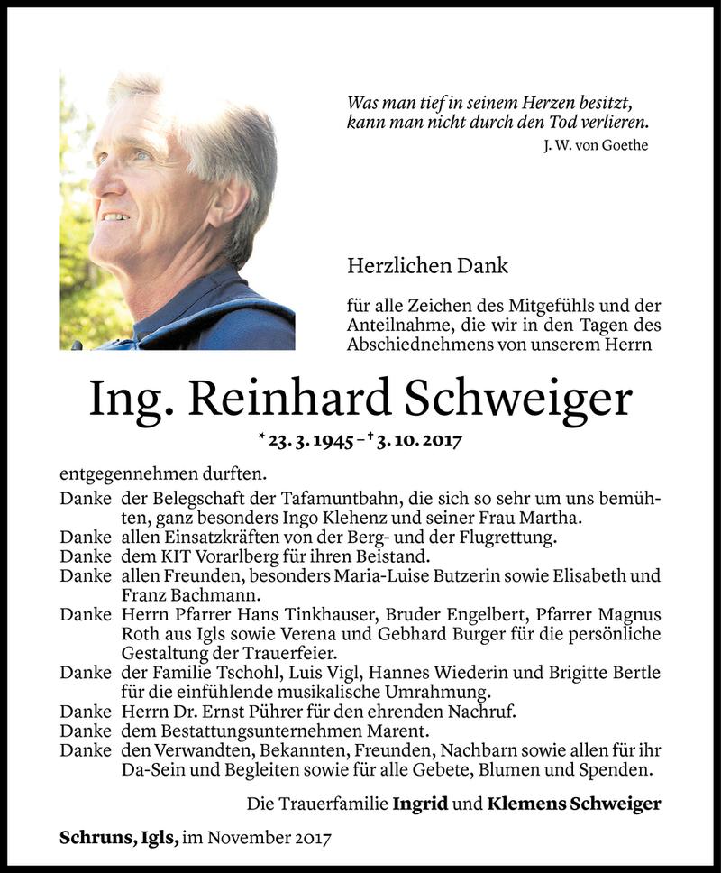  Todesanzeige für Reinhard Schweiger vom 10.11.2017 aus Vorarlberger Nachrichten