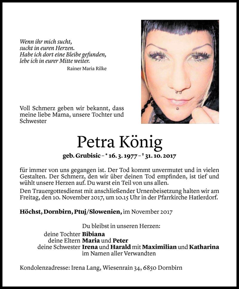  Todesanzeige für Petra König vom 07.11.2017 aus Vorarlberger Nachrichten