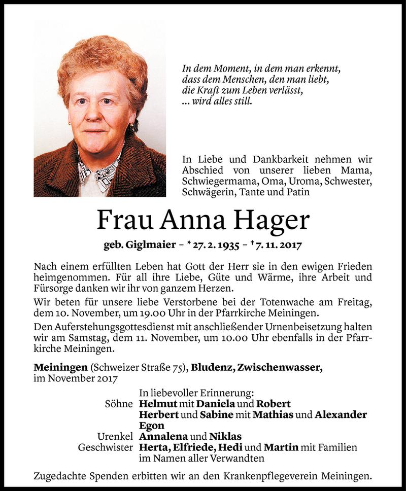 Todesanzeigen von Anna Hager | Todesanzeigen Vorarlberger Nachrichten