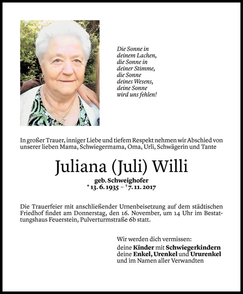  Todesanzeige für Juliana Willi vom 13.11.2017 aus Vorarlberger Nachrichten