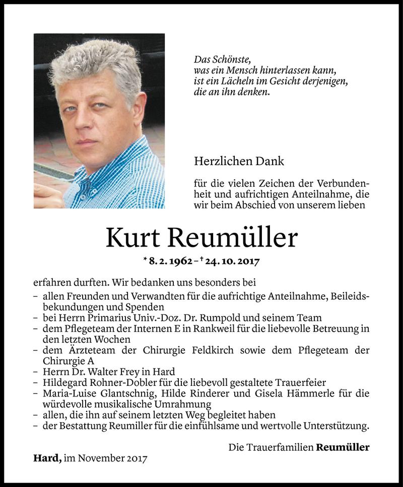 Todesanzeige für Kurt Reumüller vom 10.11.2017 aus Vorarlberger Nachrichten