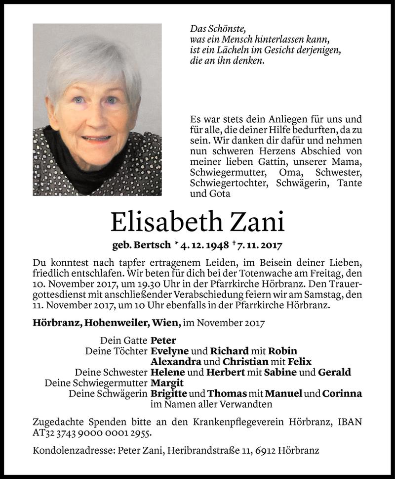  Todesanzeige für Elisabeth Zani vom 08.11.2017 aus Vorarlberger Nachrichten