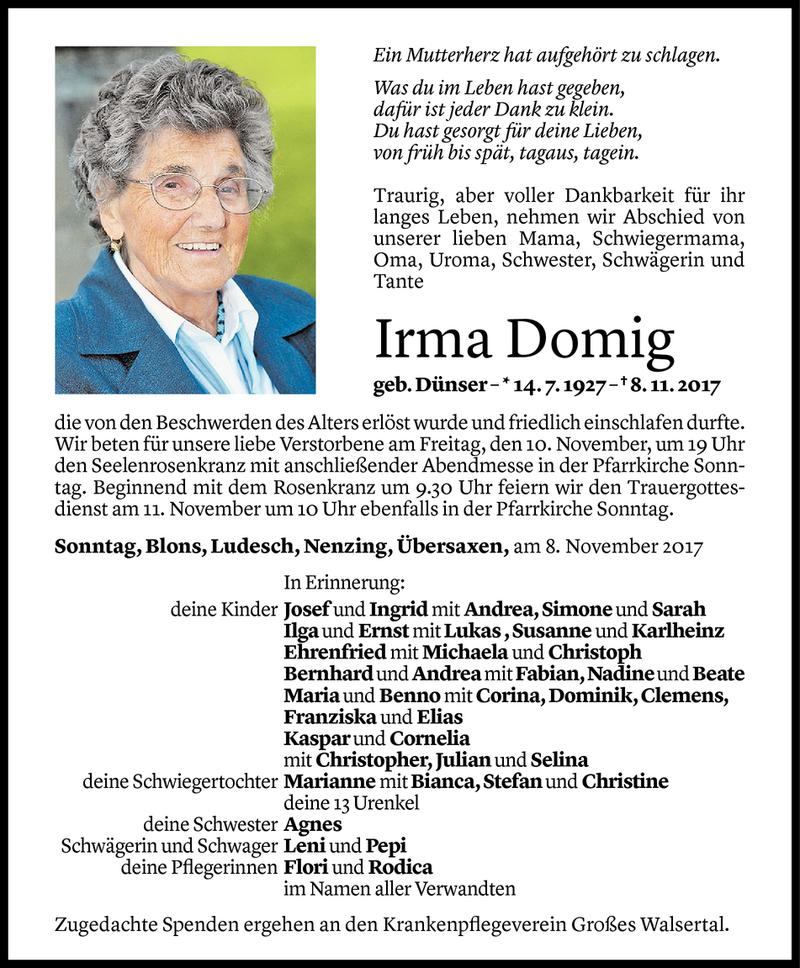  Todesanzeige für Irma Domig vom 09.11.2017 aus Vorarlberger Nachrichten