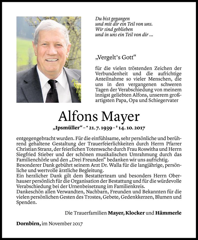  Todesanzeige für Alfons Mayer vom 10.11.2017 aus Vorarlberger Nachrichten