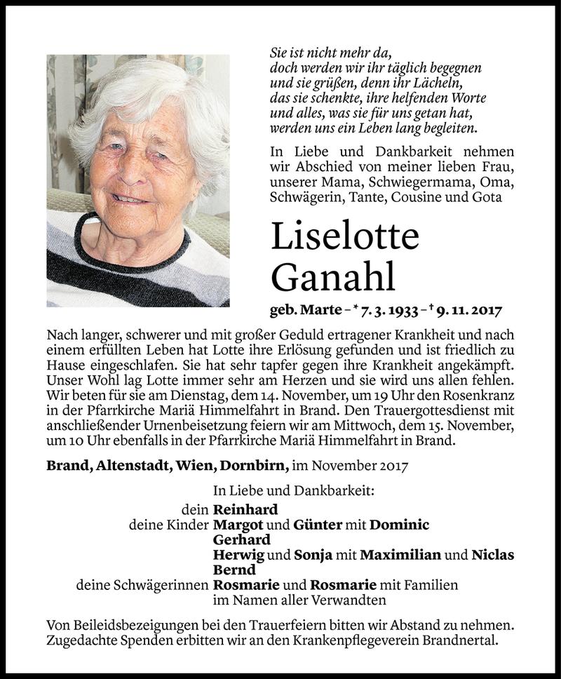  Todesanzeige für Liselotte Ganahl vom 11.11.2017 aus Vorarlberger Nachrichten