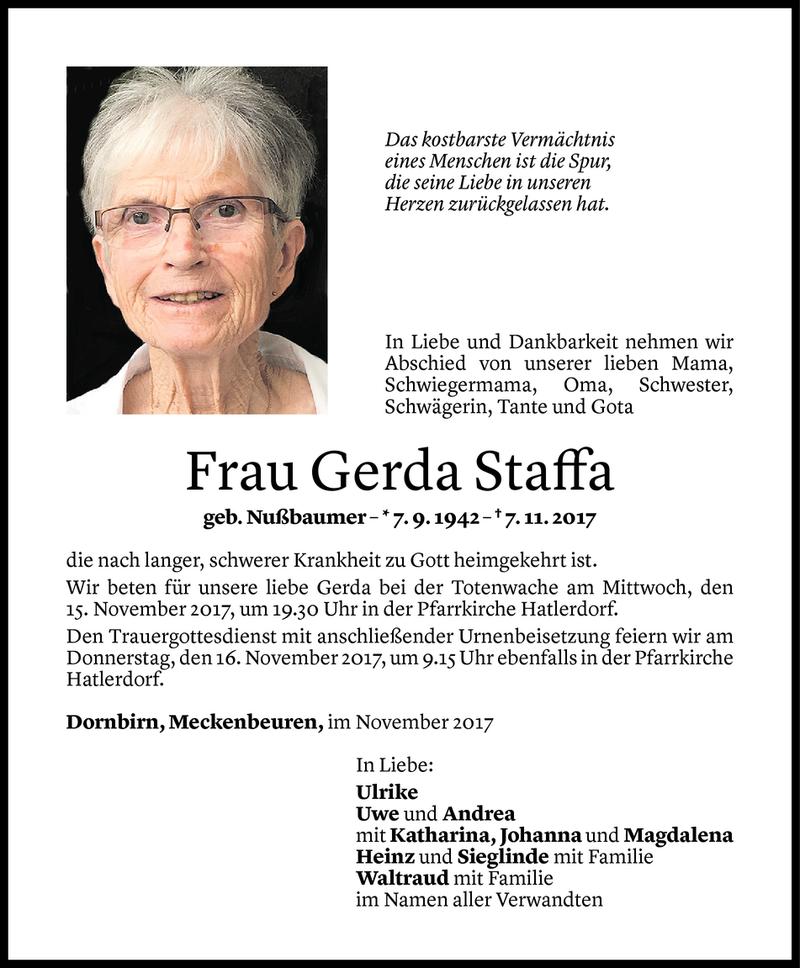  Todesanzeige für Gerda Staffa vom 10.11.2017 aus Vorarlberger Nachrichten