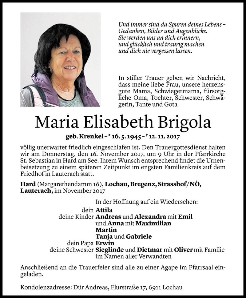  Todesanzeige für Maria Elisabeth Brigola vom 13.11.2017 aus Vorarlberger Nachrichten