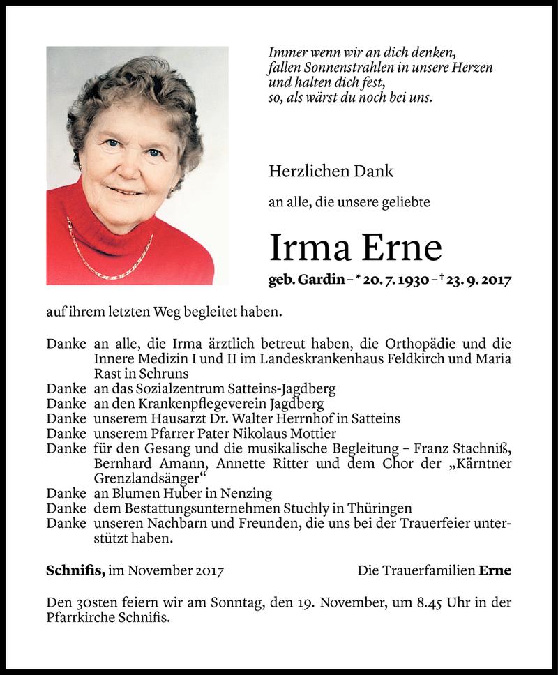  Todesanzeige für Irma Erne vom 14.11.2017 aus Vorarlberger Nachrichten