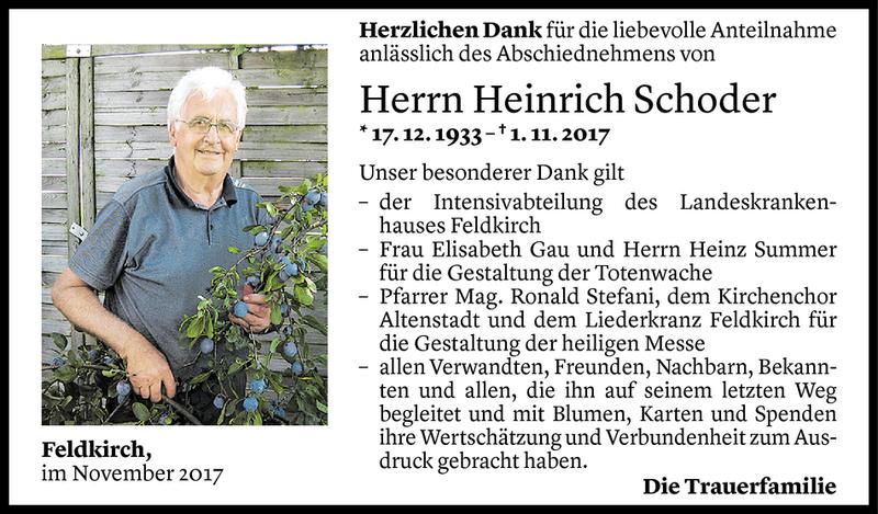  Todesanzeige für Heinrich Schoder vom 19.11.2017 aus Vorarlberger Nachrichten