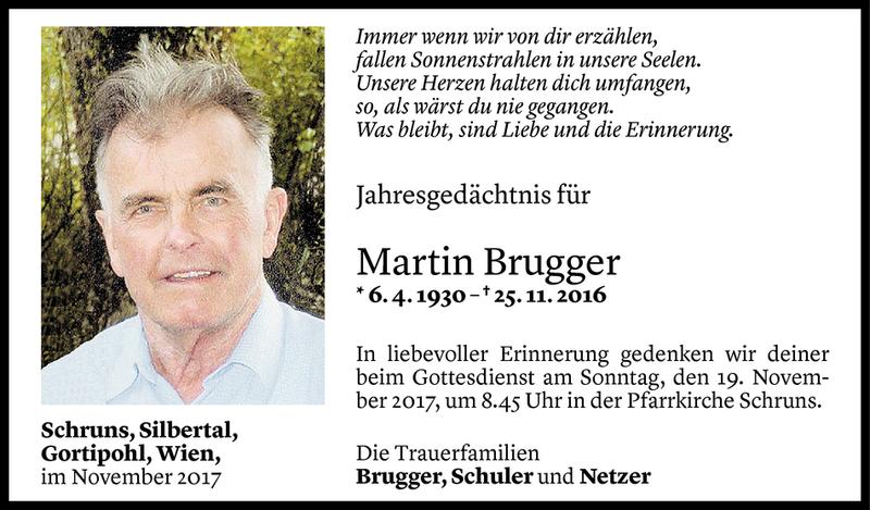  Todesanzeige für Martin Brugger vom 16.11.2017 aus Vorarlberger Nachrichten