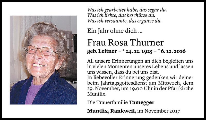  Todesanzeige für Rosa Thurner vom 25.11.2017 aus Vorarlberger Nachrichten