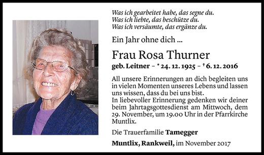Todesanzeige von Rosa Thurner von Vorarlberger Nachrichten