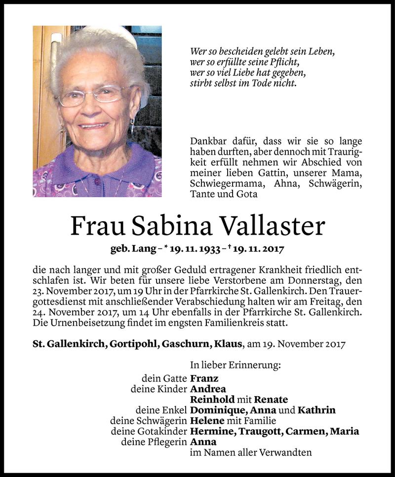  Todesanzeige für Sabina Vallaster vom 21.11.2017 aus Vorarlberger Nachrichten