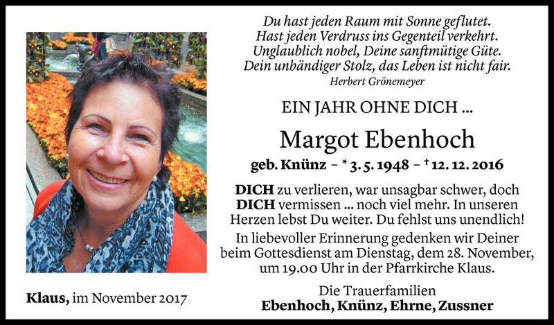  Todesanzeige für Margot Ebenhoch vom 25.11.2017 aus Vorarlberger Nachrichten