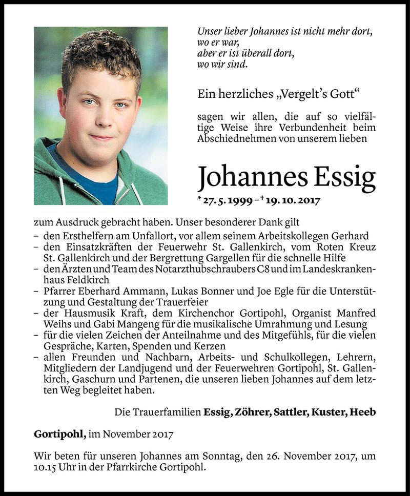  Todesanzeige für Johannes Essig vom 24.11.2017 aus Vorarlberger Nachrichten