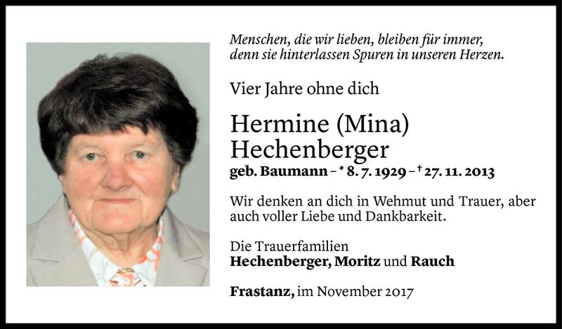  Todesanzeige für Hermine Hechenberger vom 26.11.2017 aus Vorarlberger Nachrichten