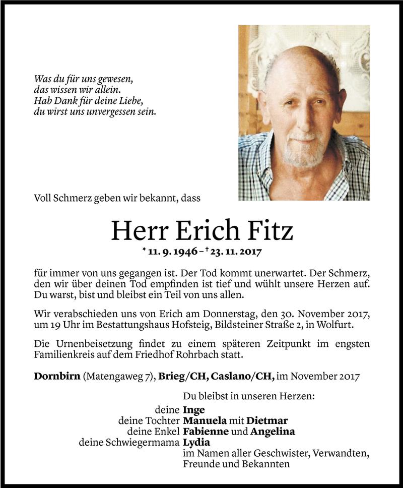  Todesanzeige für Erich Fitz vom 27.11.2017 aus Vorarlberger Nachrichten