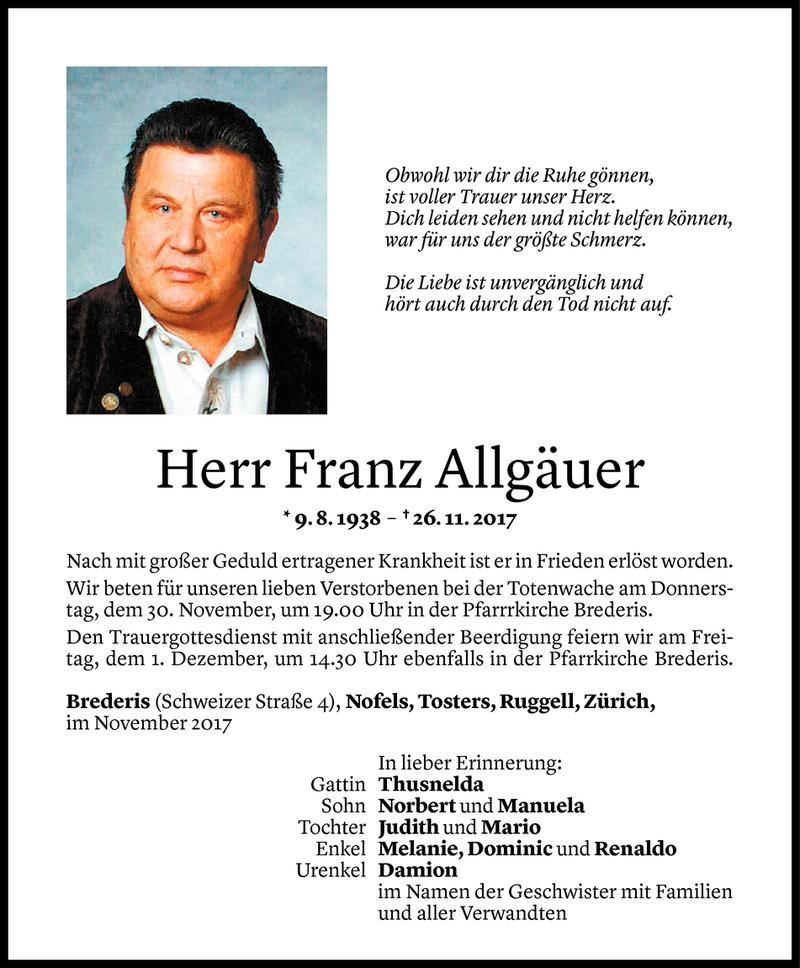  Todesanzeige für Franz Allgäuer vom 28.11.2017 aus Vorarlberger Nachrichten