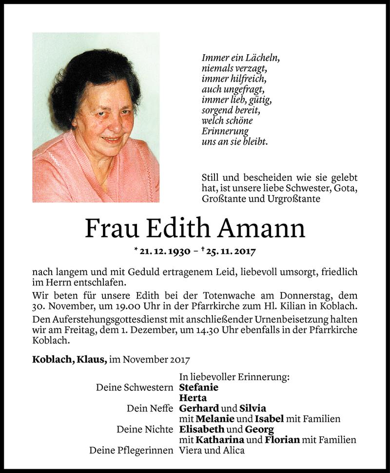  Todesanzeige für Edith Amann vom 29.11.2017 aus Vorarlberger Nachrichten