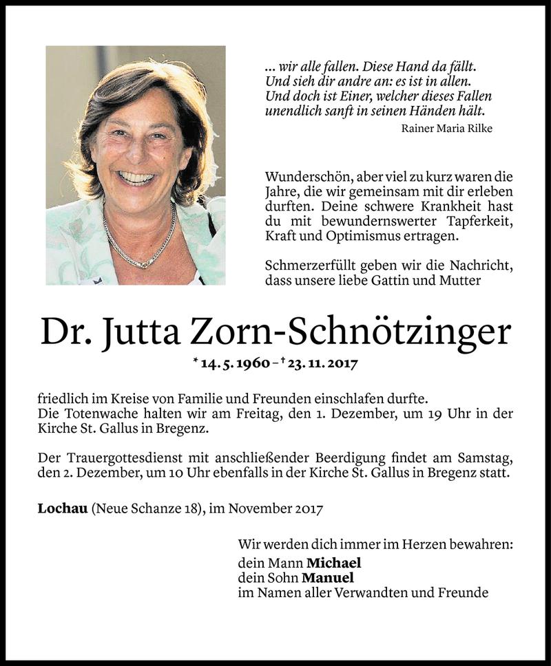  Todesanzeige für Jutta Zorn-Schnötzinger vom 28.11.2017 aus Vorarlberger Nachrichten