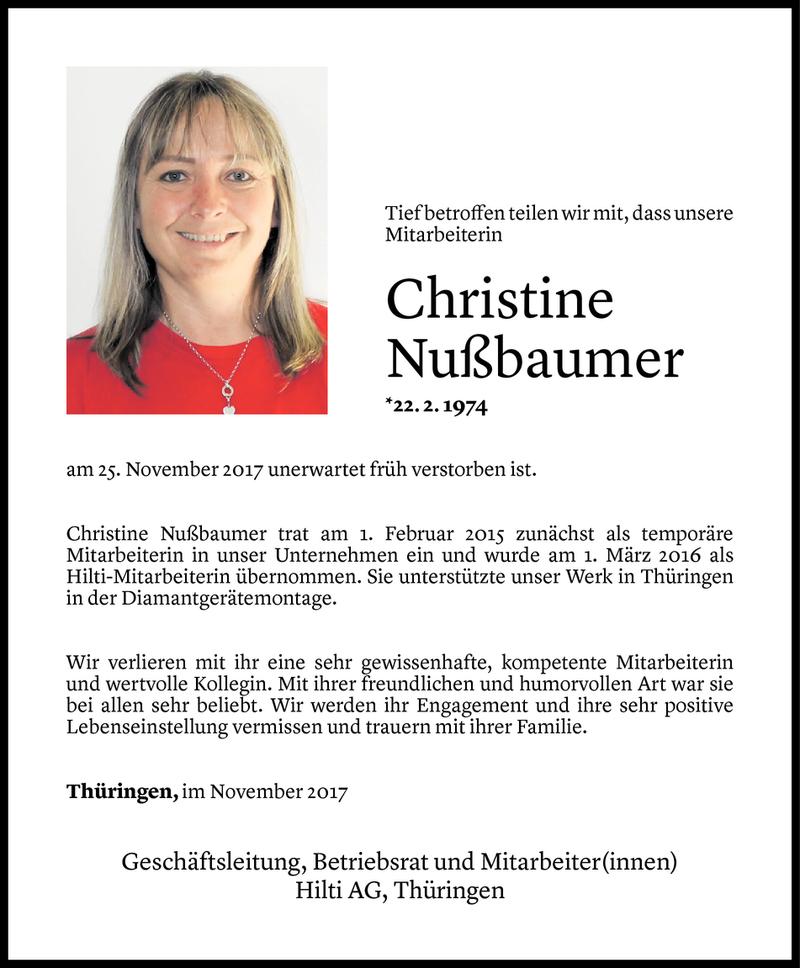  Todesanzeige für Christine Nußbaumer vom 28.11.2017 aus Vorarlberger Nachrichten