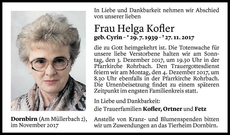  Todesanzeige für Helga Kofler vom 29.11.2017 aus Vorarlberger Nachrichten