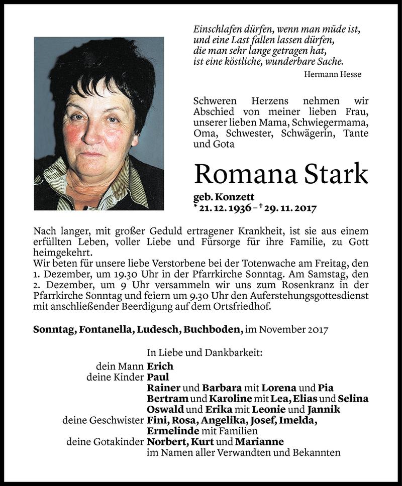  Todesanzeige für Ramona Stark vom 29.11.2017 aus Vorarlberger Nachrichten