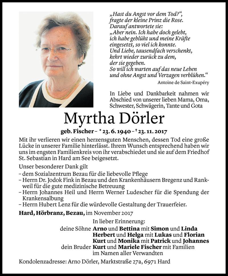  Todesanzeige für Myrtha Dörler vom 01.12.2017 aus Vorarlberger Nachrichten