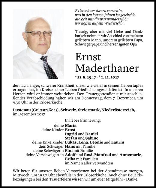 Todesanzeige von Ernst Maderthaner von Vorarlberger Nachrichten
