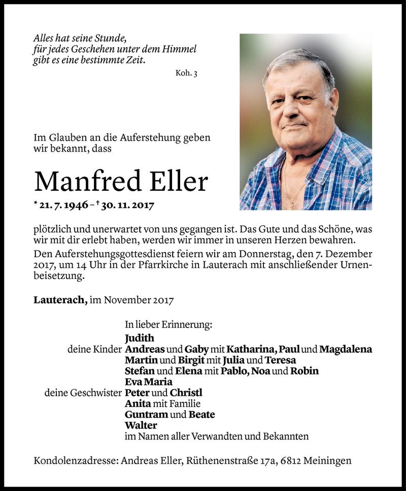  Todesanzeige für Manfred Eller vom 04.12.2017 aus Vorarlberger Nachrichten