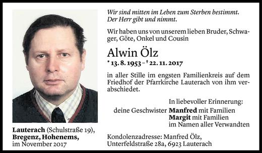 Todesanzeige von Alwin Ölz von Vorarlberger Nachrichten