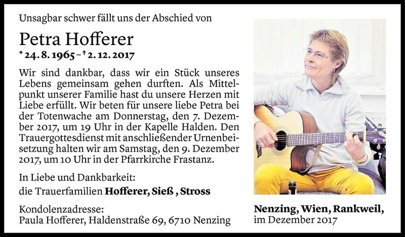  Todesanzeige für Petra Hofferer vom 05.12.2017 aus Vorarlberger Nachrichten