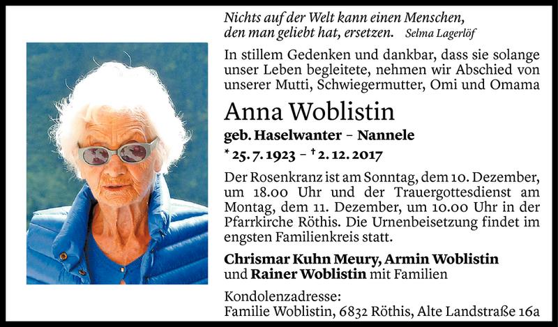  Todesanzeige für Anna Woblistin vom 07.12.2017 aus Vorarlberger Nachrichten