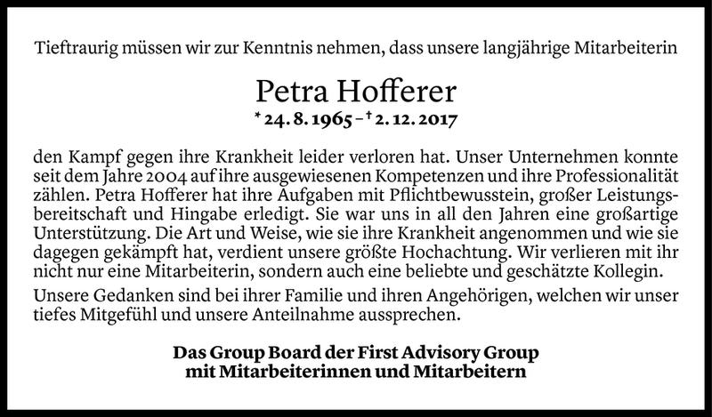  Todesanzeige für Petra Hofferer vom 05.12.2017 aus Vorarlberger Nachrichten