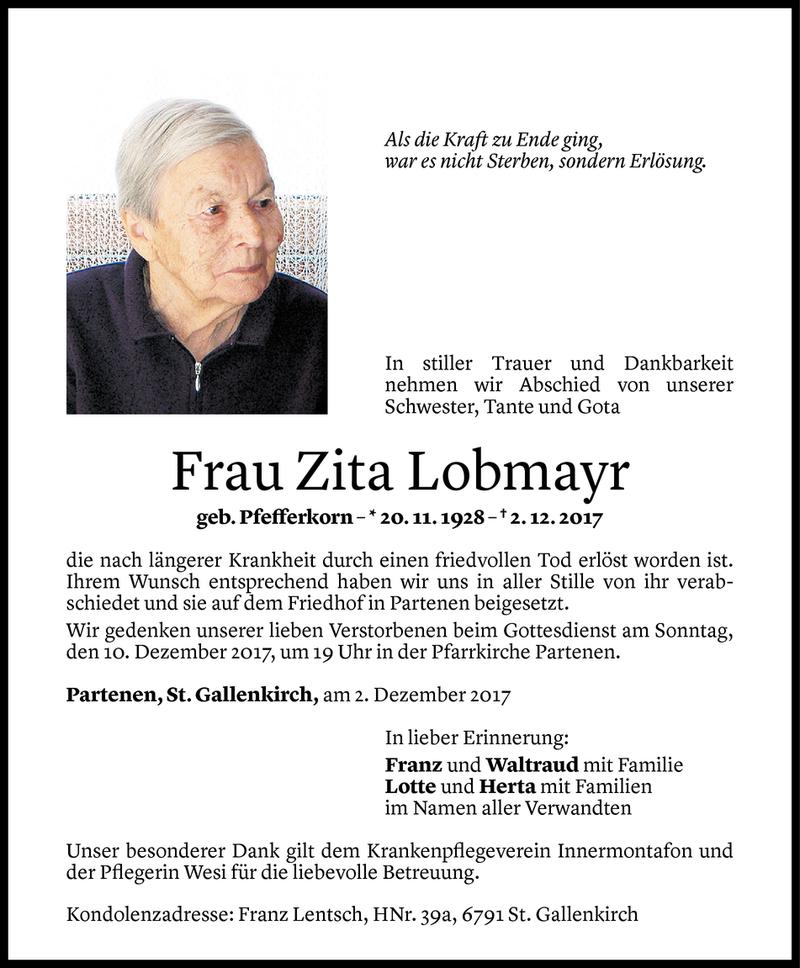  Todesanzeige für Zita Lobmayr vom 07.12.2017 aus Vorarlberger Nachrichten