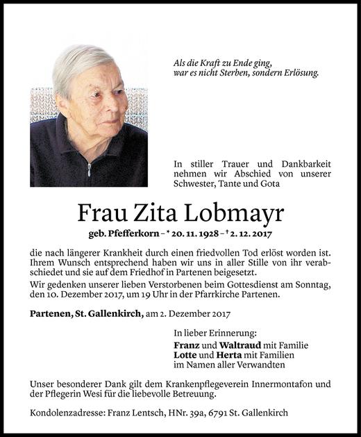 Todesanzeige von Zita Lobmayr von Vorarlberger Nachrichten