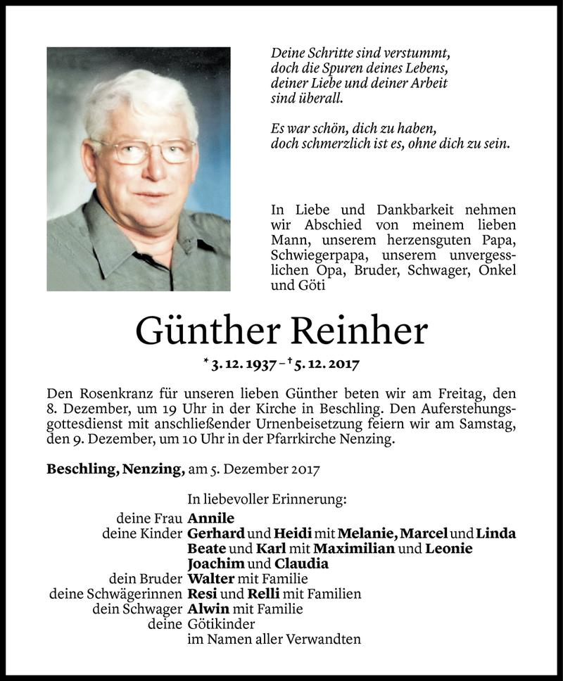  Todesanzeige für Günther Reinher vom 06.12.2017 aus Vorarlberger Nachrichten