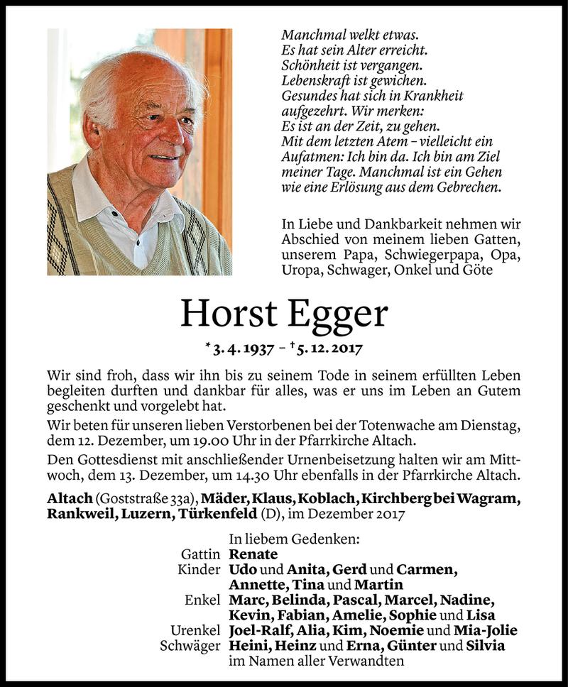  Todesanzeige für Horst Egger vom 09.12.2017 aus Vorarlberger Nachrichten