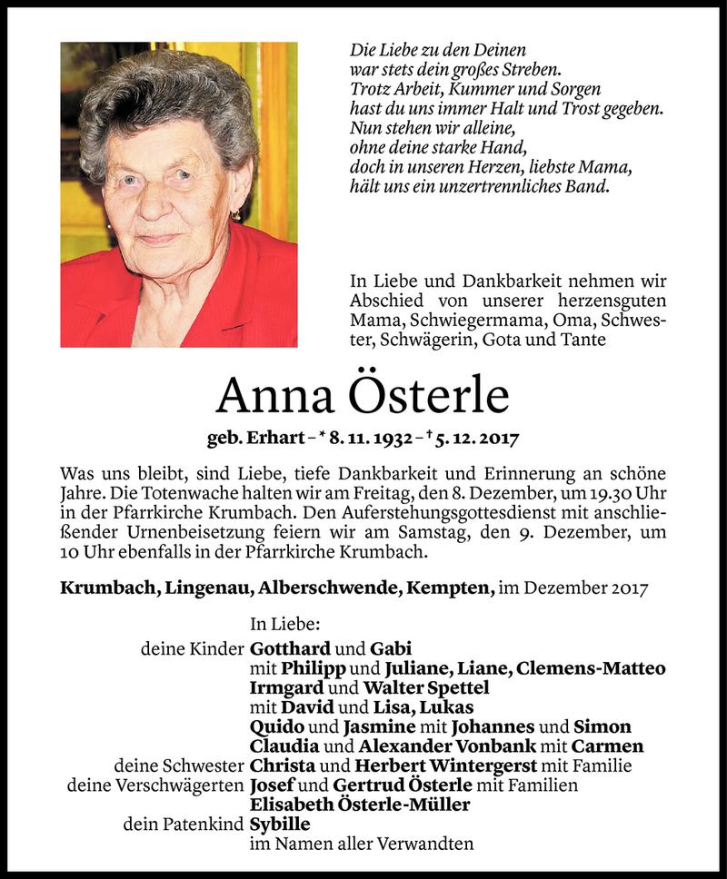  Todesanzeige für Anna Österle vom 06.12.2017 aus Vorarlberger Nachrichten