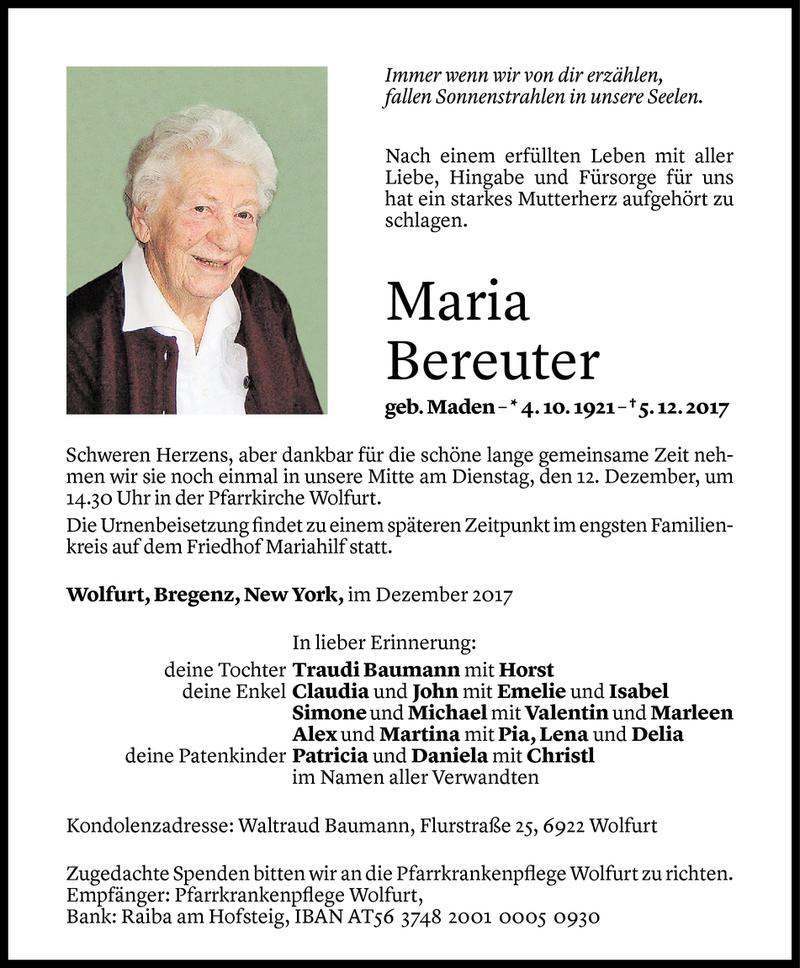  Todesanzeige für Maria Bereuter vom 08.12.2017 aus Vorarlberger Nachrichten